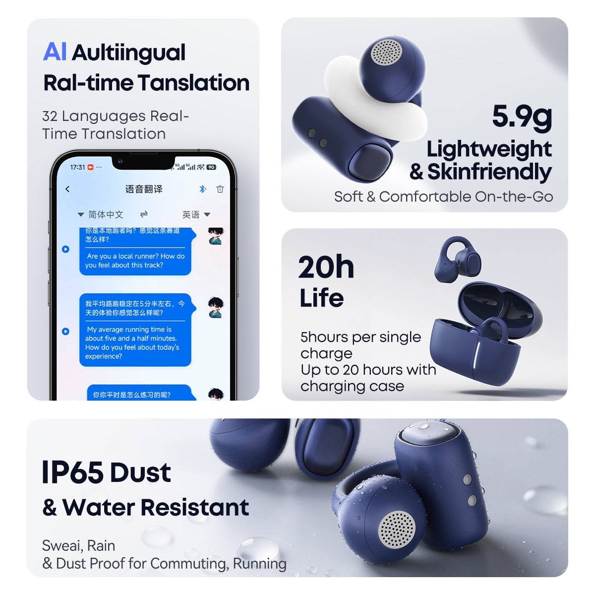 AirSoul Mix2 - Stylish Clip-on Open-Ear Earbuds