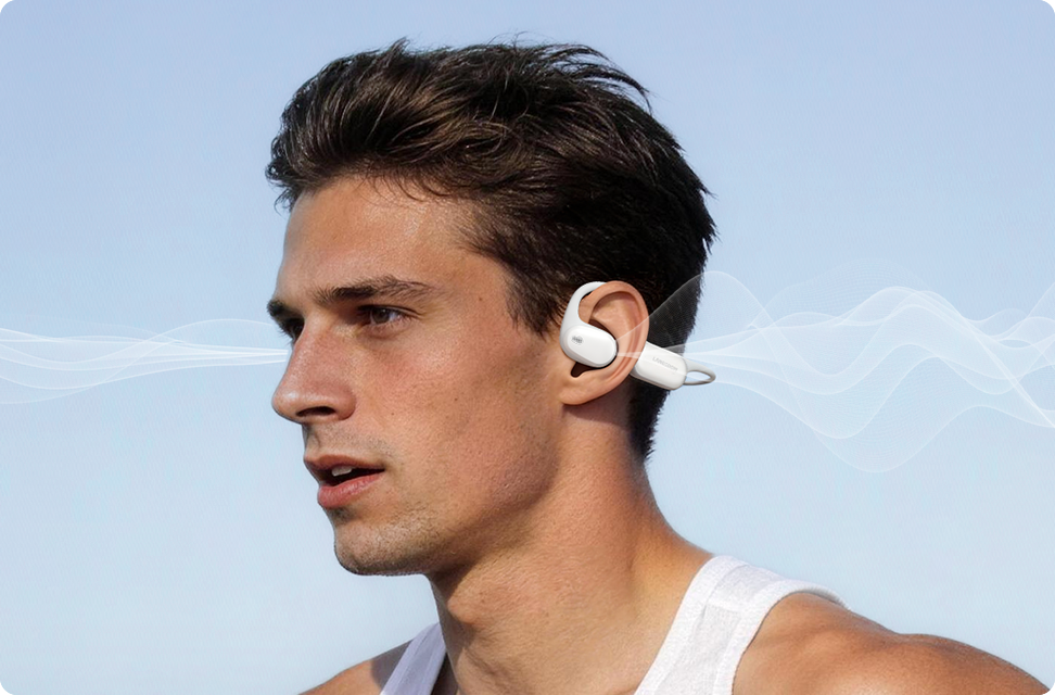 Runner wearing AirWave Pro2 open-ear headphones while staying aware of the route and surroundings