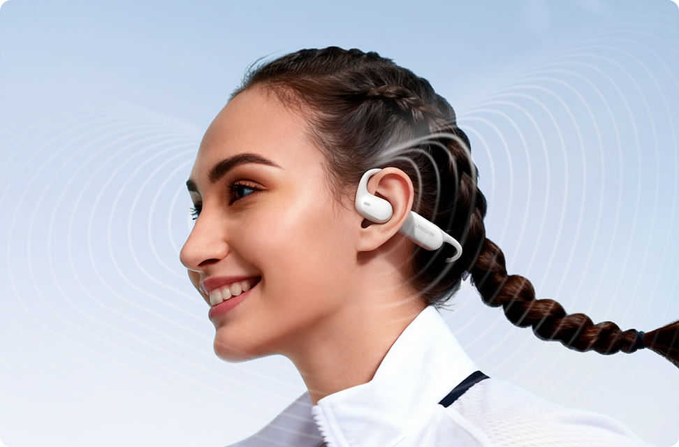 Runners wearing AirWave Pro2 open-ear headphones while talking during a run