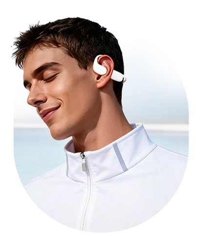 Woman practicing yoga stretches while wearing AirWave Pro2 open-ear sports headphones in Frost White