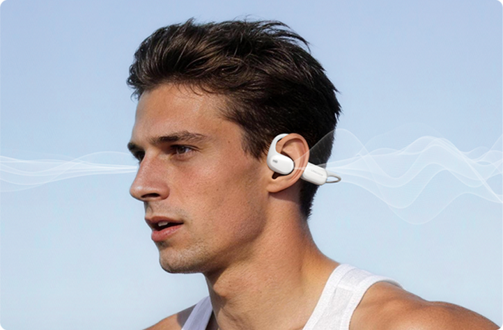 Runner wearing AirWave Pro2 open-ear headphones while staying aware of the route and surroundings
